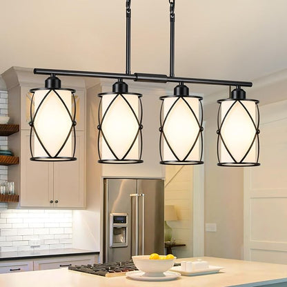 4-Light Kitchen Island Lighting, Modern Black Linear Dining Room Light Fixtures with Milk Glass, Farmhouse Industrial Chandelier Pendant Light for Kitchen Island Dining ROM, CH9176BKW-4IS