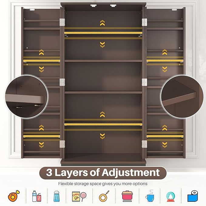 kepptory 51” Kitchen Pantry Storage Cabinet, White Freestanding Pantry Cabinets with Doors and Adjustable Shelves, Buffet Cupboards Storage Cabinet for Home Office Use, Dinning Room(Brown)