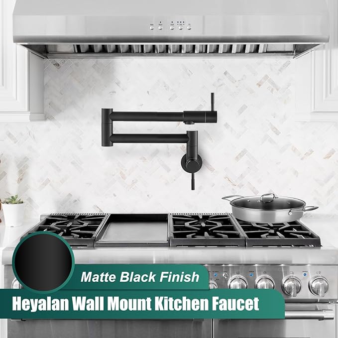 Heyalan Pot Filler 19 Inch Wall Mount Folding Stretchable Kitchen Restaurant Faucet Stainless Steel Pot Filler Double Joint Swing Arm Two Handles Commercial NPT,Straight Handle,Matte Black