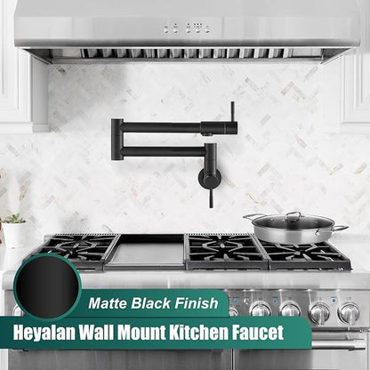 Heyalan Pot Filler 19 Inch Wall Mount Folding Stretchable Kitchen Restaurant Faucet Stainless Steel Pot Filler Double Joint Swing Arm Two Handles Commercial NPT,Straight Handle,Matte Black