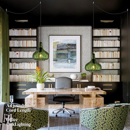 Plug in Pendant Light Fixture,Vintage Hanging Lamp with Cord Hammered Green Glass Globe Shade Mid-Century Modern Ceilig Pendant Lamp Plug in Hanging Lamp for Bedroom Dining Living Room
