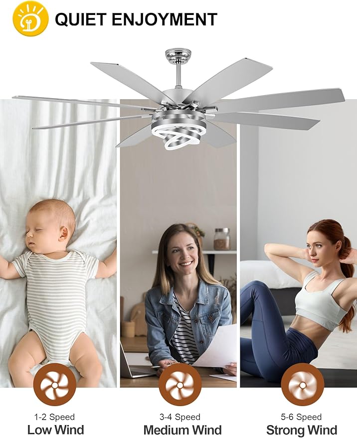 72 Inch Modern Large Ceiling Fans with Lights and Remote Reversible Quiet DC Motor 6 Speed Silver LED Chandelier Ceiling Fans for Living Room Bedroom Kitchen