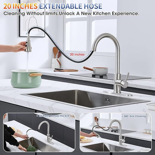Kitchen Faucets with Spray Head Replacement, Brushed Nickel High Arc Single Handle Stainless Steel Sink Faucet for 1 or 3 Hole, Ideal for Farmhouse RV Laundry Bar Camper & Commercial