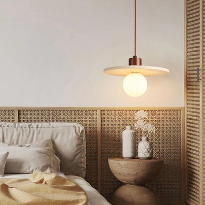 Japanese Wabi sabi Pendant Light with Natural Stone Shade, Dimmable Modern Wood Hanging Lamp Fixture, Adjustable Height Pendant Lamp for Bedroom, Kitchen Island, Dining Room, Restaurant, Cafe, Bar (M)