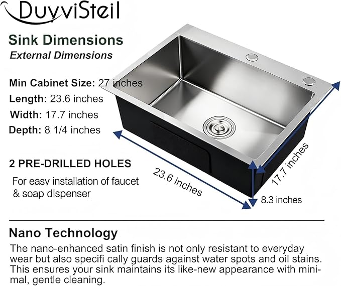 23.6 x 17.7 Inch Kitchen Sink, T304 Stainless Steel Sink, Top Mount Kitchen Sinks with Basket Strainer and Pipe