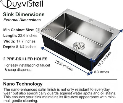 23.6 x 17.7 Inch Kitchen Sink, T304 Stainless Steel Sink, Top Mount Kitchen Sinks with Basket Strainer and Pipe