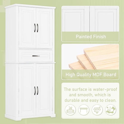 Merax 72" Tall Kitchen Pantry Storage Cabinet, Farmhouse Freestanding Large Cupboard with One Drawer, Bathroom Cabinet with Adjustable Shelves, 6 Door-Shelf for Dining Room, White