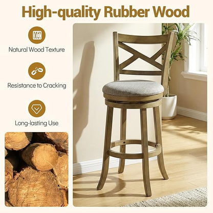 Giantex Wood Swivel Bar Stools Set of 2, 30" Upholstered Bar Height Bar Stools with X Back, Linen Cushioned Seat, Farmhouse Armless Wooden Barstools for Kitchen Island Dining Room, Grey