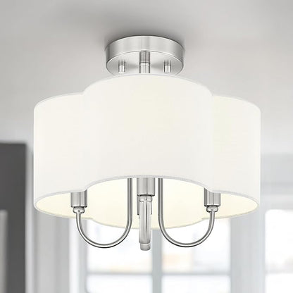 4-Light Semi Flush Mount Ceiling Light, 13.5" Vintage Light Fixtures Ceiling Mount with Fabric Shade in Quatrefoil for Kitchen Entryway Hallway Bedroom, Brushed Nickel, SM179-BN