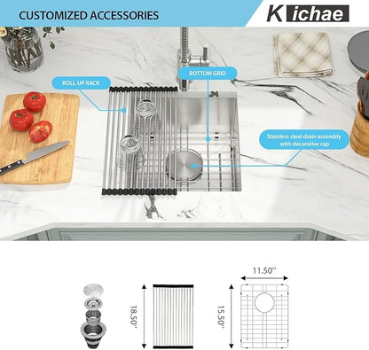 Kichae 14 Inch Small Kitchen Sink Undermount 14 x 18 Bar Prep Sink Undermount 18 Gauge Stainless Steel Deep Single Bowl RV Basin Handmade Round Corner