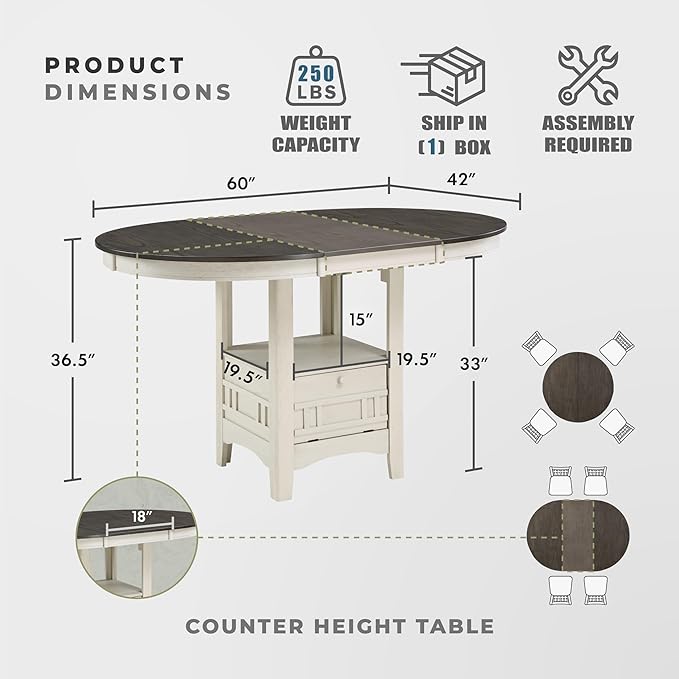 Lexicon Dante Oval Counter Height Table for 4, Expandable Wood Dining Table with Exension Leaf, Built-in Storage Base, Easy Assembly, Rosy Brown/Antique White