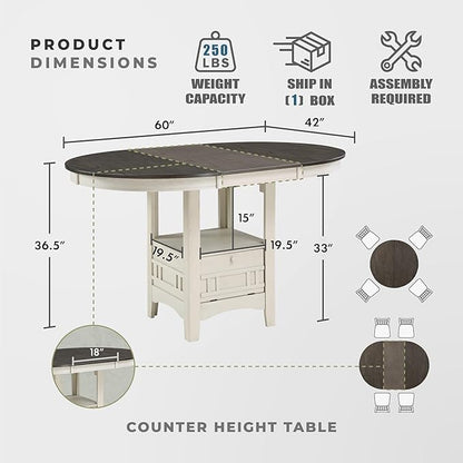 Lexicon Dante Oval Counter Height Table for 4, Expandable Wood Dining Table with Exension Leaf, Built-in Storage Base, Easy Assembly, Rosy Brown/Antique White