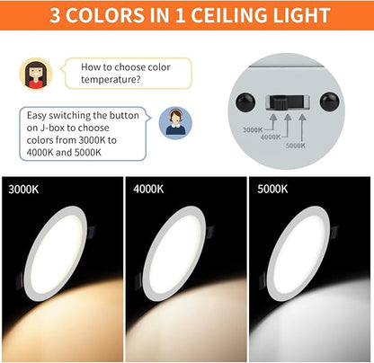 Meconard 6 Pack 6 Inch Ultra-Thin LED Recessed Ceiling Light, 3000K/4000K/5000K Selectable, Dimmable 12W=110W, 1050LM, IC Rated Can-Killer Downlights with Junction Box, ETL and Energy Star Listed