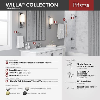 Pfister Willa Bathroom Sink Faucet 8 in Widespread 3 Hole 2 Handle Vanity Faucet NSF Certified Polished Chrome Finish with Push & Seal Drain and TiteSeal Technology LF049MALCC