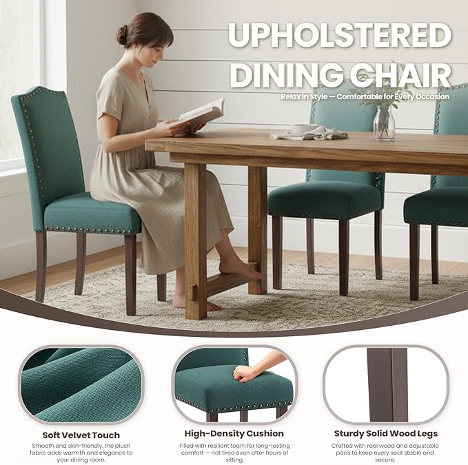 MALOL Dining Chairs Set of 4, Soft Comfortable Upholstered Parsons Dining Chairs with High-Density Cushion & Solid Wood Legs, Elegant Nailhead Trim for Dining Room, Kitchen, Living Room – Green
