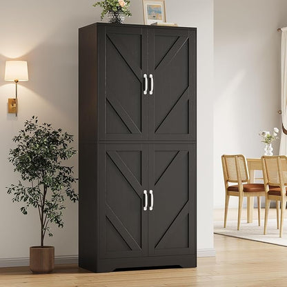 IDEALHOUSE 70" Kitchen Pantry Storage Cabinet, Farmhouse Kitchen Cabinet with 4 Doors & 3 Adjustable Shelves, Freestanding Cupboard for Dining Room,Living Room,Black