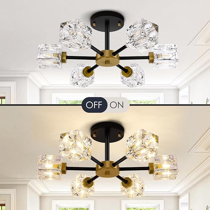 Black Modern Chandelier, 6-Light Crystal Semi Flush Mount Ceiling Light Fixture, 17.3" Farmhouse Kitchen Pendant Light with Cube Shade, Industrial Sputnik Chandeliers for Dining Room, Bedroom