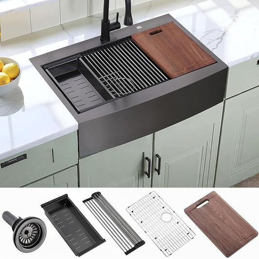 33 Inch Drop In Farmhouse Sink Black, 33x22 Inch Gunmetal Black Top Mount Farmhouse Kitchen Sink Single Bowl, Topmount Apron Front Stainless Steel Farm Sink Workstation