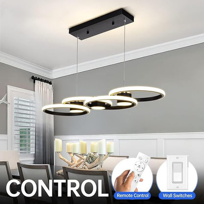 Modern LED Chandelier Light, 3000-6500K Dimmable Modern Pendant Light Fixture with Remote Control, Height-Adjustable Island Light Ceiling Hanging for Dining Room Kitchen (Black, 4Ring- 33IN)
