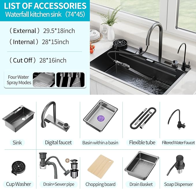 Smart Waterfall Kitchen Sink 29.5 Inch, Black Stainless Steel Workstation Sink with Digital Display Faucet, Drop In Single Bowl Kitchen Sink with Accessories, Modern Deep Kitchen Sink