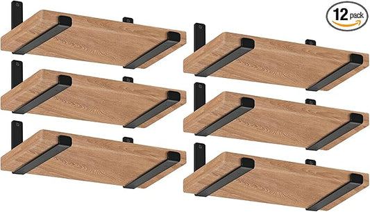 12 Pack - 11.25" L x 6" H x 1.5" W J Lip Shelf Brackets Rustic Farmhouse Iron Wall Floating Shelf Bracket Metal Shelf Bracket Industrial Shelf Supports with Screws Black
