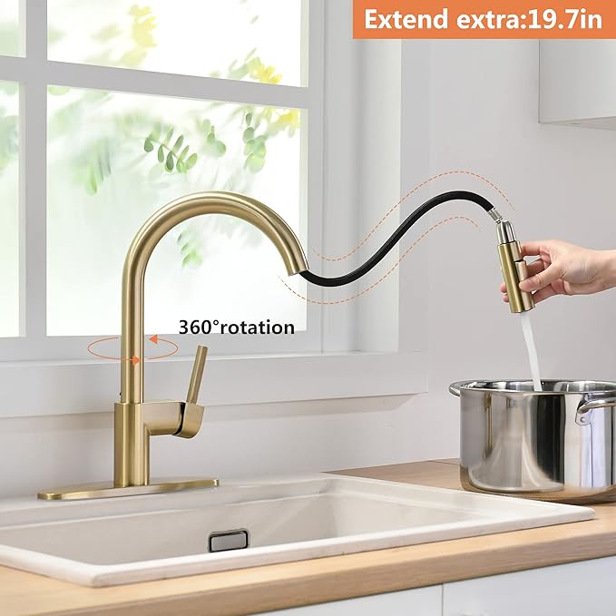 Gold Kitchen Faucet with Pull Down Sprayer - Modern Single Handle Pull Down Kitchen Sink Faucet with Deck Plate | Stainless Steel Brass Kitchen Faucet for 1 & 3 Hole Brushed Gold
