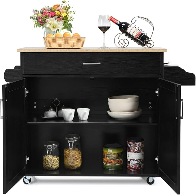 PETSITE Kitchen Island Cart with Storage Cabinet on Wheels, Spice Rack Towel Rack & Drawer (Black)