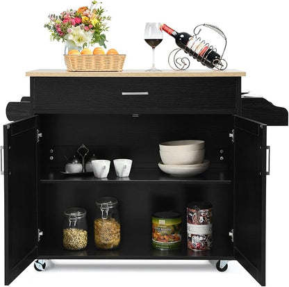 PETSITE Kitchen Island Cart with Storage Cabinet on Wheels, Spice Rack Towel Rack & Drawer (Black)
