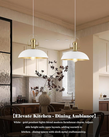 White and Gold Pendant Lights 2 Pack, 13.8 Inch White Farmhouse Pendant Light Kitchen Island, Industrial Pendant Lights, Island Pendant Lights for Kitchen Barn Hallway Porch Dining Room