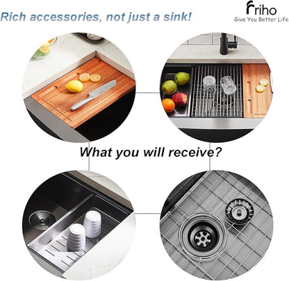 Friho Black Farmhouse Sink, 33 Inch Farmhouse Kitchen Sink Workstation 16 Gauge Stainless Steel 9 Inch Deep Single Bowl Farm Sink with Accessories