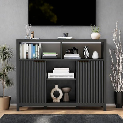 FONTOI Sideboard Buffet Cabinet, Thicken Wood Storage Cabinet with 4 Large Open Shelf, Farmhouse Cabinet with 2 Fluted Doors, Modern Accent Cabinet for Living Room, Kitchen, Entryway, Black