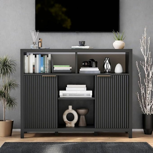 FONTOI Sideboard Buffet Cabinet, Thicken Wood Storage Cabinet with 4 Large Open Shelf, Farmhouse Cabinet with 2 Fluted Doors, Modern Accent Cabinet for Living Room, Kitchen, Entryway, Black