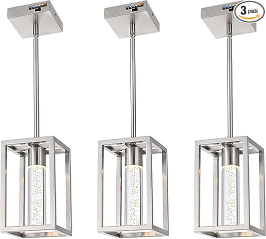 MELUCEE 3 Pack 15W LED Bubble Crystal Pendant Lights Kitchen Island, Modern Led Pendant Light 5 Color Temperature Adjustable, Brushed Nickel Dining Room Light Fixtures Adjustable Height, 3000-6000K