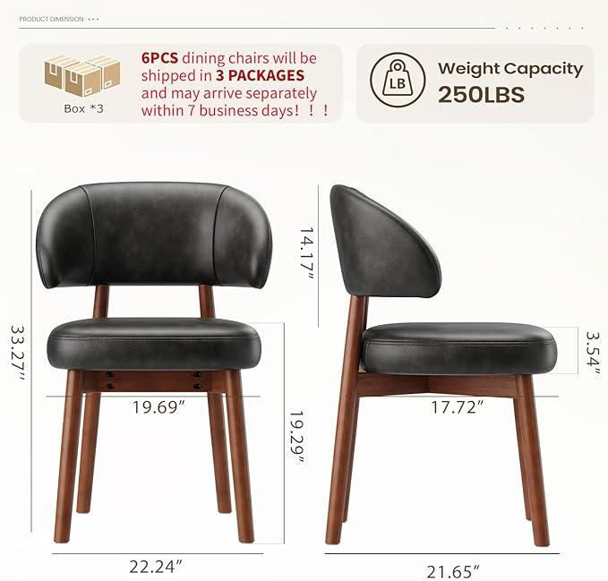 MALOL Wooden Dining Chairs Set of 6, Modern Upholstered Dining Room Chair, PU Leather Kitchen Side Chairs with Curved Open Back for Living Room/Restaurant/Cafe, Black