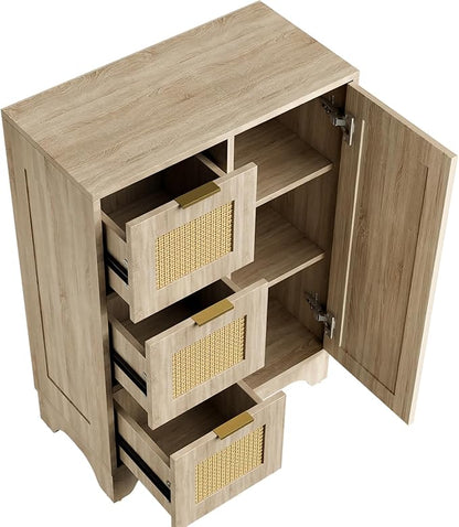 ALBAD Boho Sideboard Buffet Cabinet with 3 Storage Drawer Rattan Door and Adjustable Storage Shelves Rustic Farmhouse Coffee Bar for Dining Room, Kitchen, Natural Wood