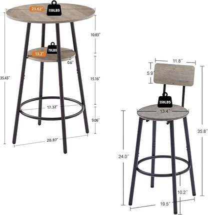 Gray Round Bar Stool Set with Shelf, Counter Height Stools for Kitchen Island, Breakfast Bar, Home Decor, Kitchen Island Stools with Table, Kitchen Table for Small Spaces, Breakfast Nook Dining Tables