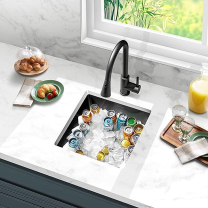 15x15 Gunmetal Black Bar Sink Undermount, Stainless Steel Single Bowl Handmade Square Wet Bar & Prep Under Counter Small Kitchen Sinks with Grid