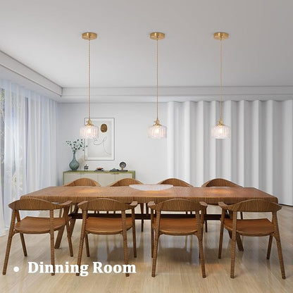 Shenmoyl Pendant Light with Clear Striped Glass Lmapshade, Brass Vintage Pendant Light Adjustable Hanging Light for Kitchen Island Dining Room Hallway