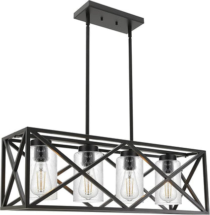 4-Lights Black Farmhouse Rectangle Chandelier Dining Room Light Fixtures, 30.4-Inches Length Contemporary Kitchen Island Pendant Lighting with Seeded Glass Lampshades