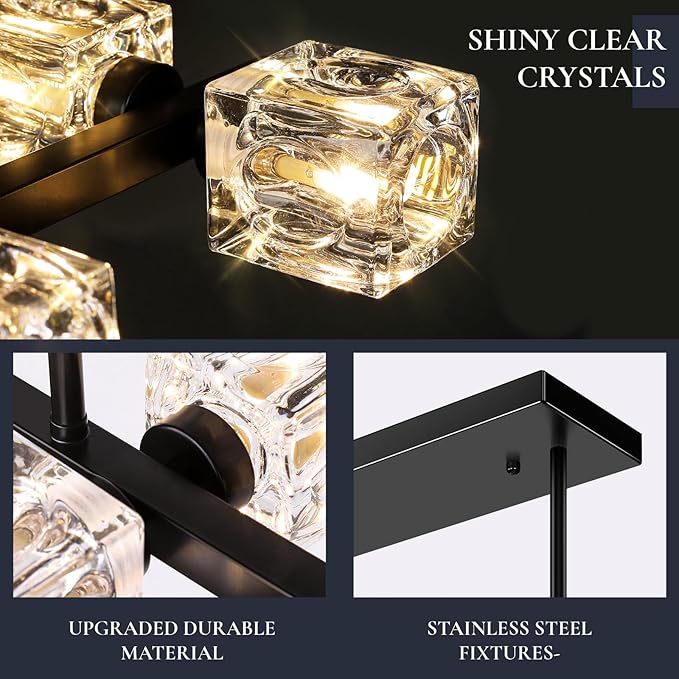 GoBright 10-Light Dining Room Light Fixture, Black Modern Chandelier with Crystal Cube Shade, Industrial Pendant Light Fixtures for Living Room, Bedroom, Kitchen, Bar, Long Table, G9 Base