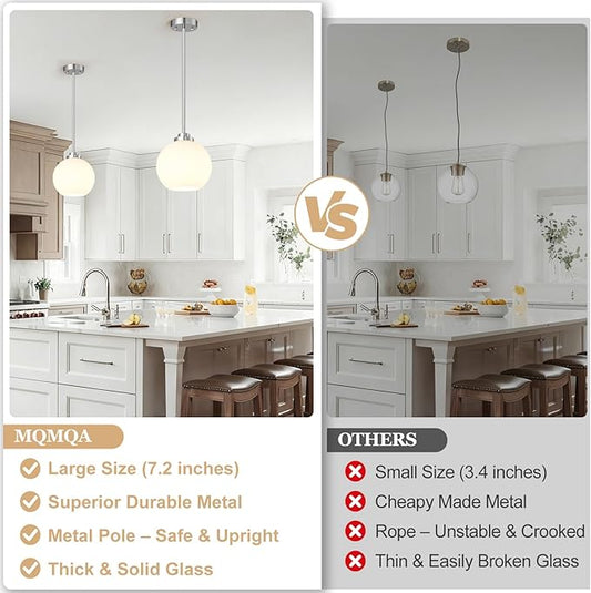 2 Pack 7.2-Inch Globe Pendant Lights, Mid Century Brushed Nickel Pendant Light Fixtures, Globe Pendant Lights Kitchen Island with Milk Glass Shade Hanging Fixture for Dining Room Bulbs not Included