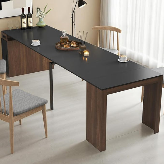 24''- 118'' Extendable Dining Room Table, Expandable Dining Table, Modern Large Table, for 2-12 Person(with Cabinet & Outlet), Black