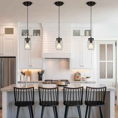 Glass Pendant Lights Kitchen Island, 1-Light Black Pendant Light Fixtures with Mason Jar Clear Glass Shade, Farmhouse Hanging Light for Kitchen Sink Dining Room Bedroom Hallway