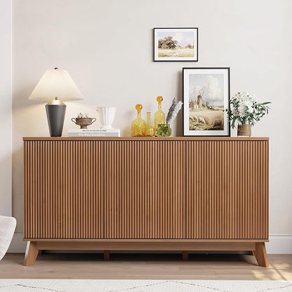GarveeHome 58" Modern Farmhouse Sideboard Buffet Cabinet with Adjustable Shelves Storage & 4 Doors, Wood Buffet Console Table, Curved Design, Cupboard Coffee Bar Cabinet for Dining Room, Living Room