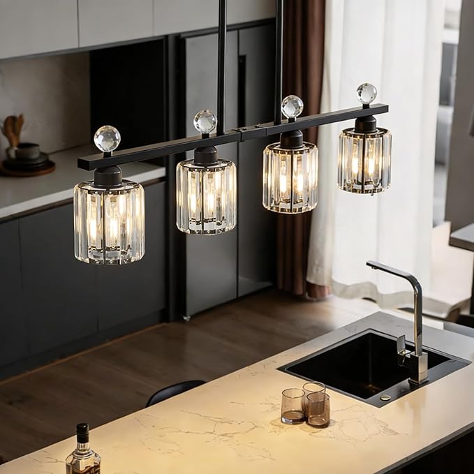 Modern Dining Room Light Fixture Over Table, Crystal Pendant Lights Kitchen Island, Chandeliers for Dining Room Kitchen Light Fixtures (E26) 4-Light Black