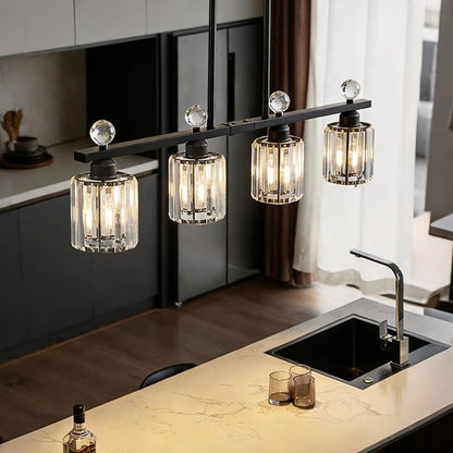 Modern Dining Room Light Fixture Over Table, Crystal Pendant Lights Kitchen Island, Chandeliers for Dining Room Kitchen Light Fixtures (E26) 3-Light Black