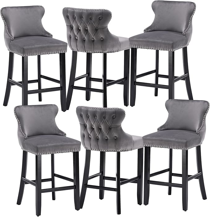 Rhomtree Elegant Button Tufted Upholstered Fabric Bar Stools with Nailhead Trim, Dining Side Chair, Leisure Padded Chairs with Solid Wooden Legs Home Kitchen Island Wooden Bar Chairs (Grey, Set of 6)