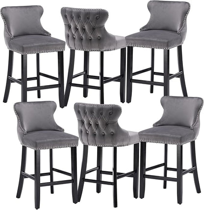 Rhomtree Elegant Button Tufted Upholstered Fabric Bar Stools with Nailhead Trim, Dining Side Chair, Leisure Padded Chairs with Solid Wooden Legs Home Kitchen Island Wooden Bar Chairs (Grey, Set of 6)