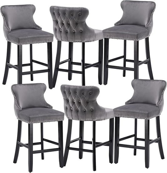 Rhomtree Elegant Button Tufted Upholstered Fabric Bar Stools with Nailhead Trim, Dining Side Chair, Leisure Padded Chairs with Solid Wooden Legs Home Kitchen Island Wooden Bar Chairs (Grey, Set of 6)