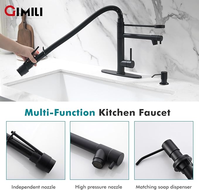GIMILI Matte Black Kitchen Faucet with Soap Dispenser Commercial Kitchen Faucet with Pull Down Sprayer Double-Headed Single Handle Spring Stainless Steel Kitchen Sink Faucet